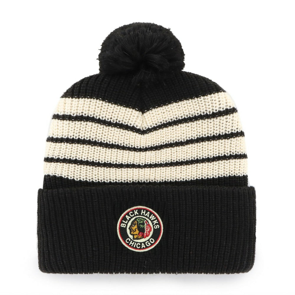 Chicago Blackhawks '47 Old Time Hockey Barn Cuffed Knit Hat with Pom - Black Hats