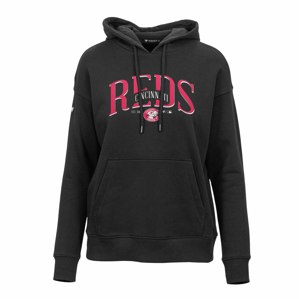 Cincinnati Reds Levelwear Women's Adorn Cooperstown Collection Retro Spellout Pullover Hoodie Black