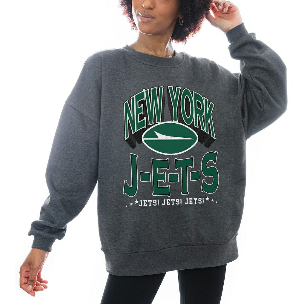 New York Jets Gameday Couture Women's Oversized Long Weekend Premium Fleece Drop Shoulder Pullover Sweatshirt - Charcoal cheap