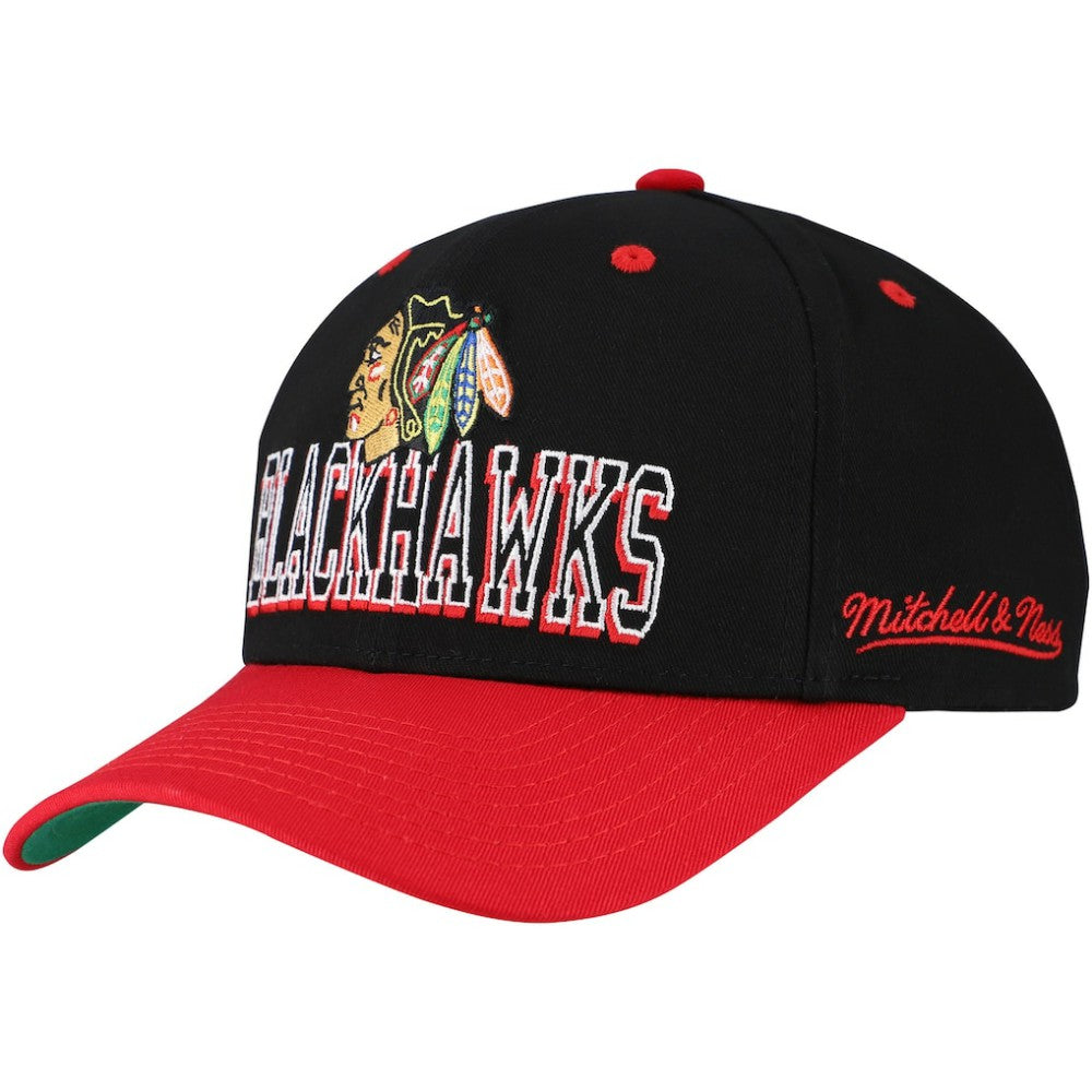 Chicago Blackhawks Mitchell & Ness Backside Script Two-Tone Pro Crown Adjustable Hat - Black/Red Hats
