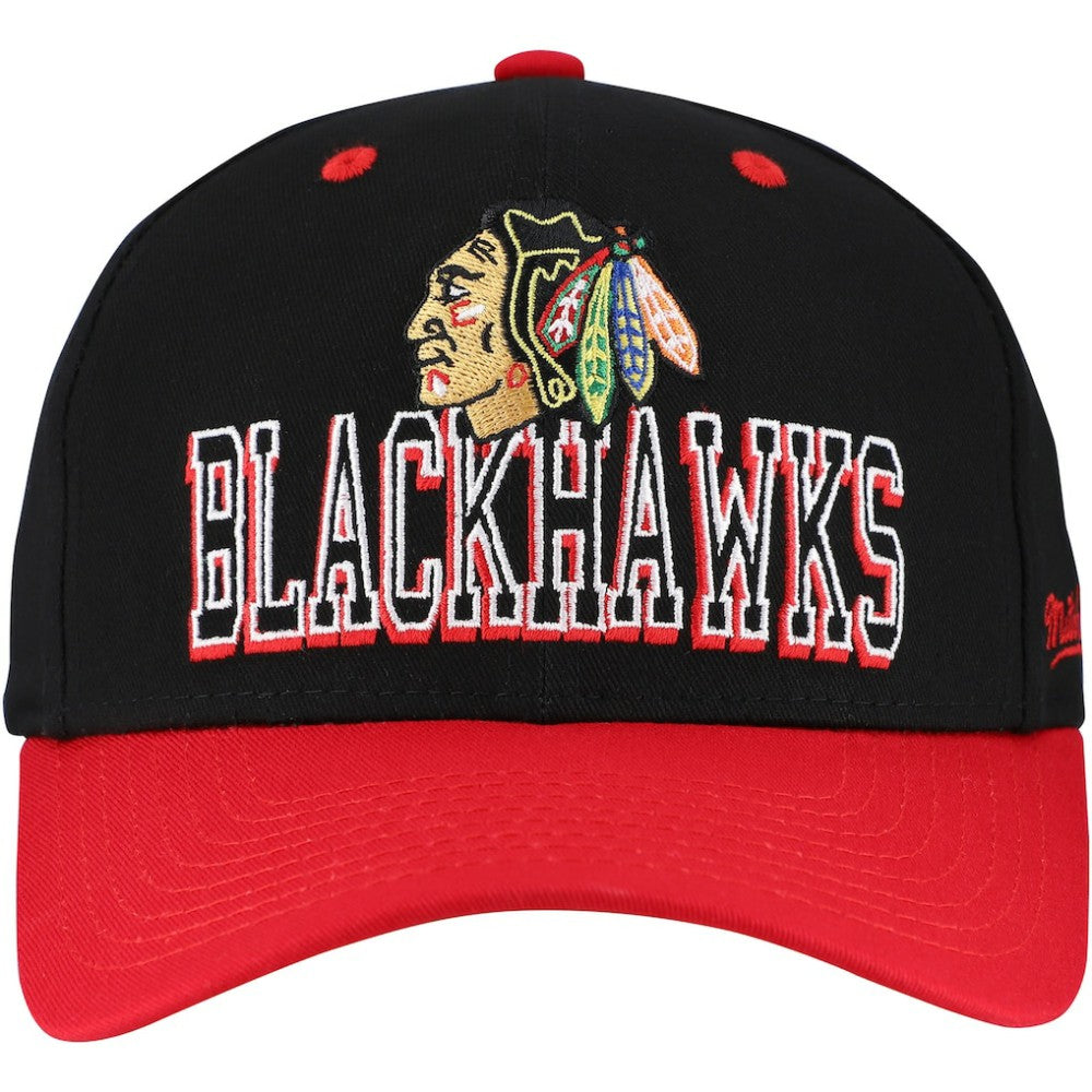 Chicago Blackhawks Mitchell & Ness Backside Script Two-Tone Pro Crown Adjustable Hat - Black/Red Hats
