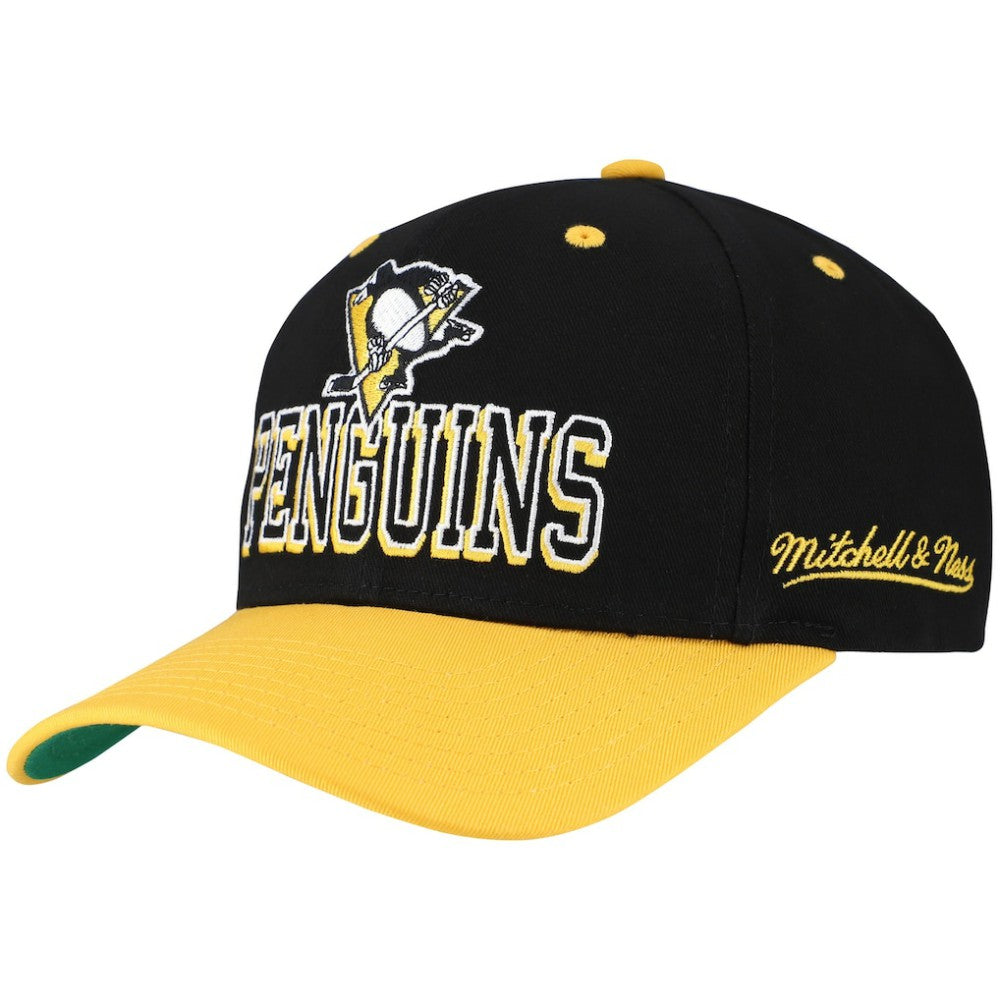 Pittsburgh Penguins Mitchell & Ness Backside Script Two-Tone Pro Crown Adjustable Hat - Black/Gold Hats