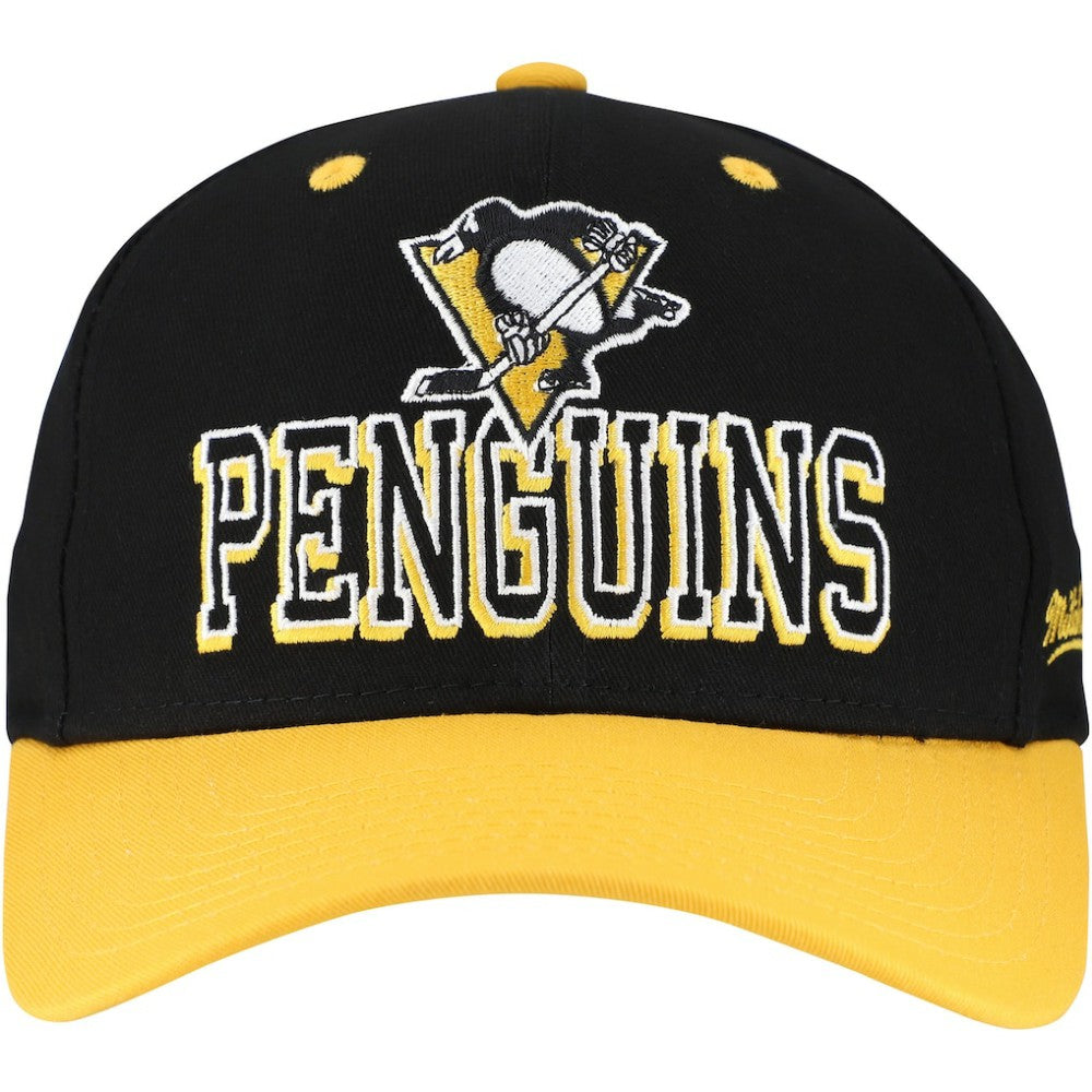 Pittsburgh Penguins Mitchell & Ness Backside Script Two-Tone Pro Crown Adjustable Hat - Black/Gold Hats
