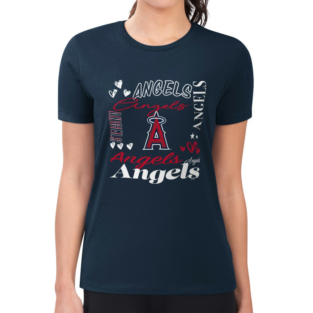 Los Angeles Angels G-III 4Her by Carl Banks Women's Super-Slim Fit Lightweight Collage Team Graphic Crew Neck T-Shirt Navy