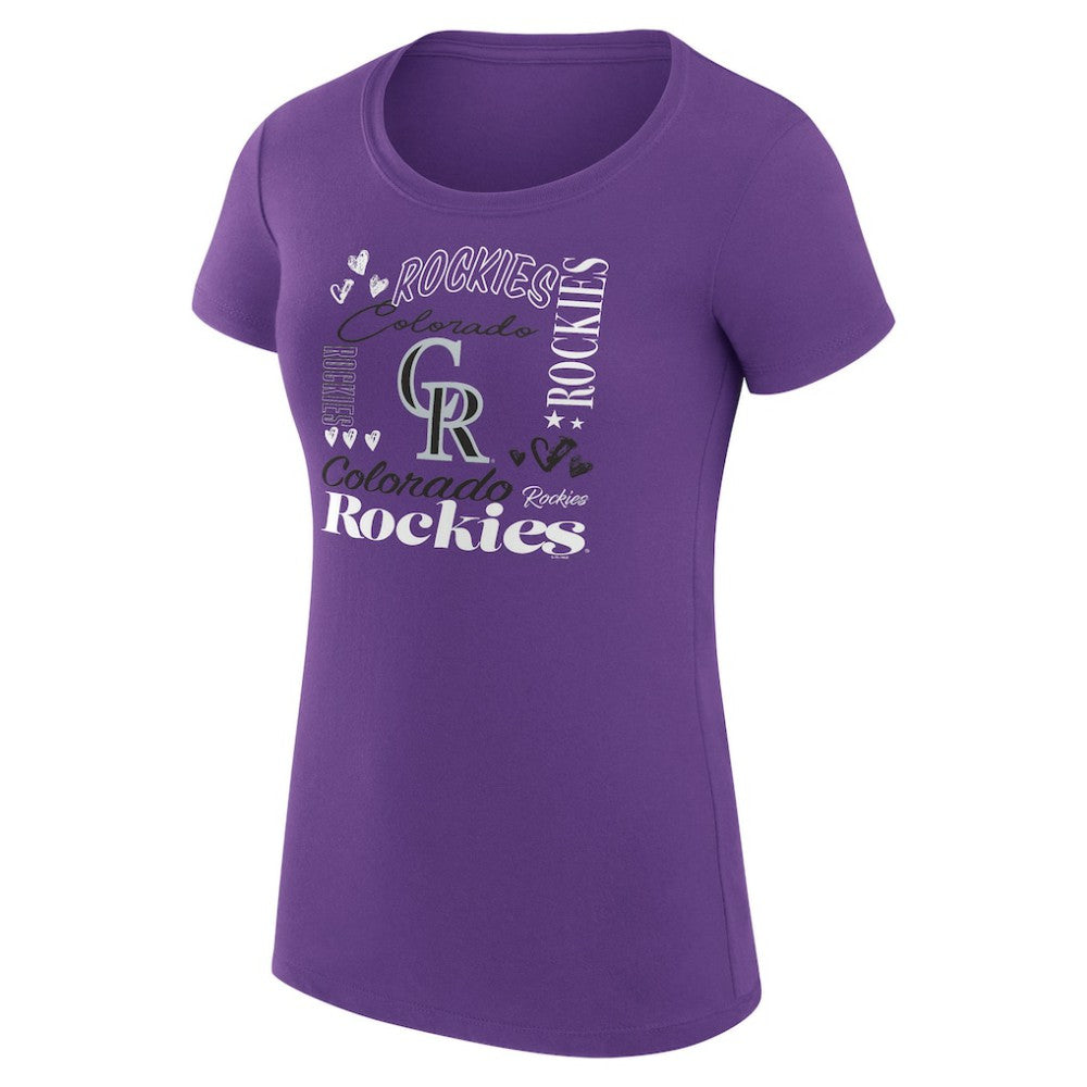 Colorado Rockies G-III 4Her by Carl Banks Women's Super-Slim Fit Lightweight Collage Team Graphic Crew Neck T-Shirt Purple