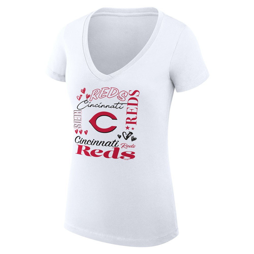 Cincinnati Reds G-III 4Her by Carl Banks Women's Super-Slim Fit Lightweight Collage Team Graphic V-Neck T-Shirt White