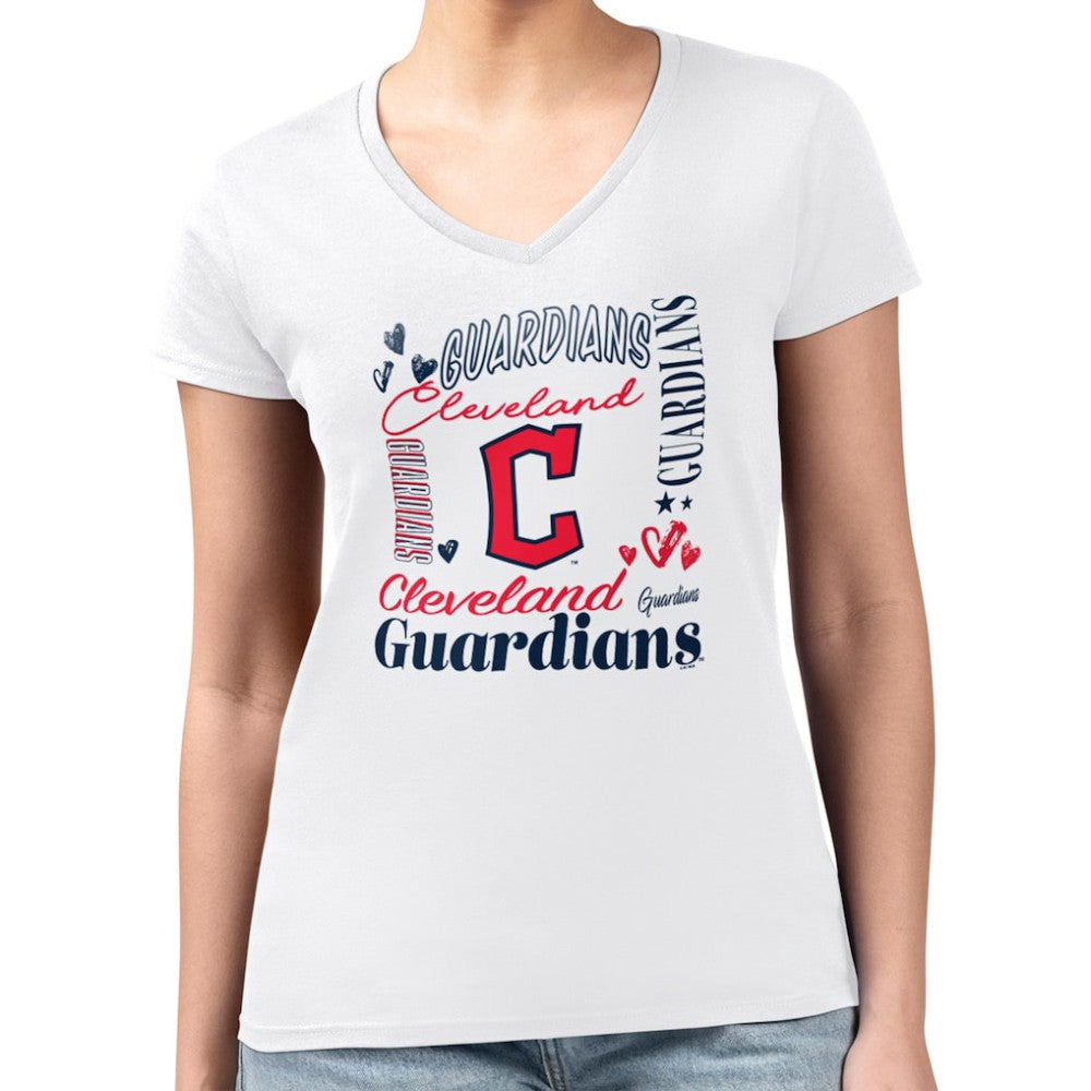 Cleveland Guardians G-III 4Her by Carl Banks Women's Super-Slim Fit Lightweight Collage Team Graphic V-Neck T-Shirt White