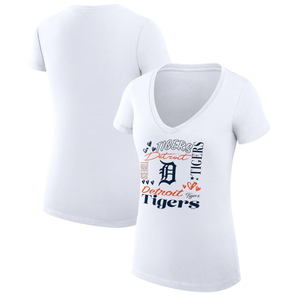 Detroit Tigers G-III 4Her by Carl Banks Women's Super-Slim Fit Lightweight Collage Team Graphic V-Neck T-Shirt White