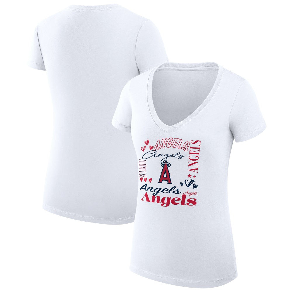 Los Angeles Angels G-III 4Her by Carl Banks Women's Super-Slim Fit Lightweight Collage Team Graphic V-Neck T-Shirt White
