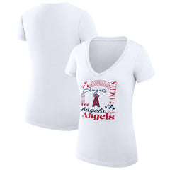 Los Angeles Angels G-III 4Her by Carl Banks Women's Super-Slim Fit Lightweight Collage Team Graphic V-Neck T-Shirt White