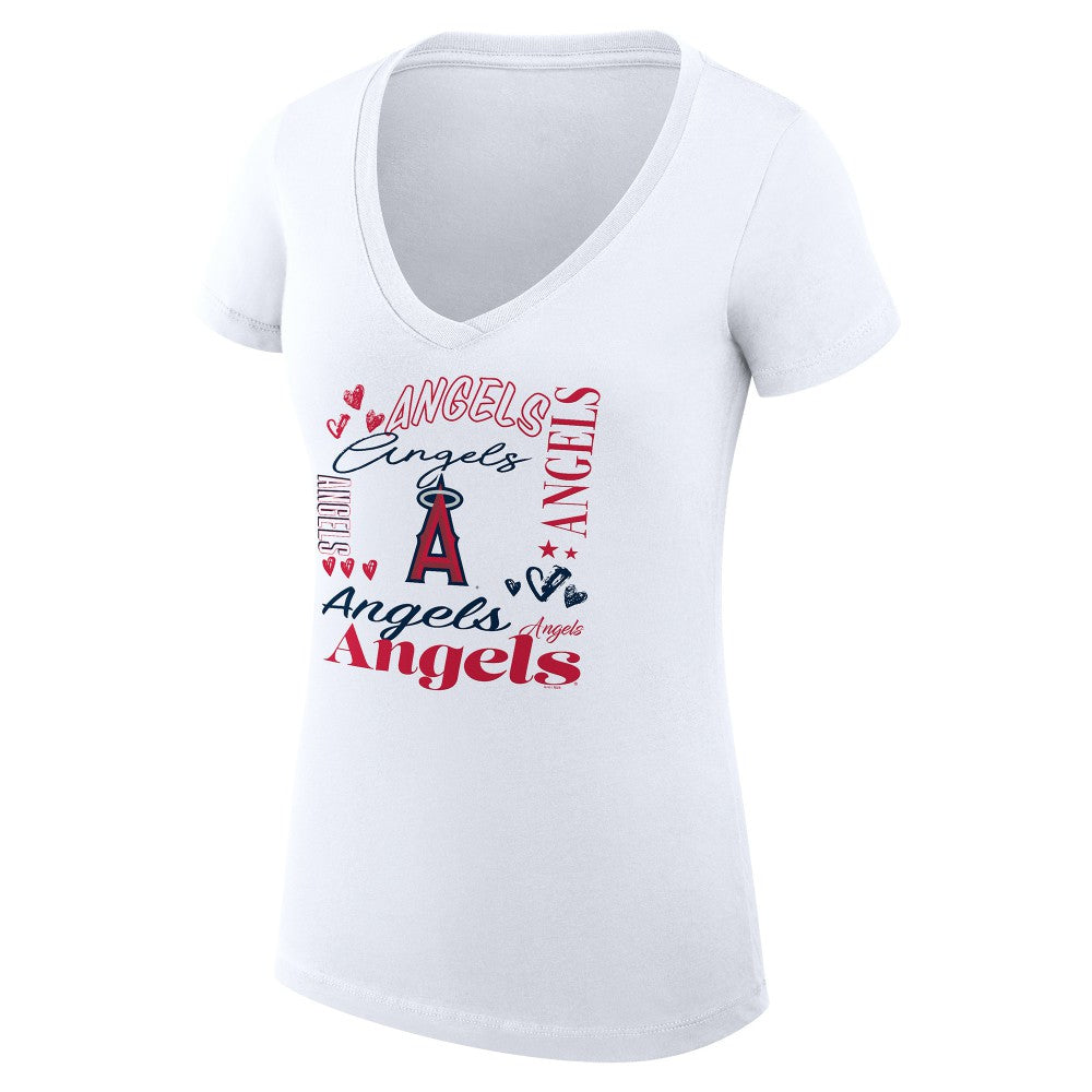 Los Angeles Angels G-III 4Her by Carl Banks Women's Super-Slim Fit Lightweight Collage Team Graphic V-Neck T-Shirt White