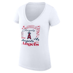 Los Angeles Angels G-III 4Her by Carl Banks Women's Super-Slim Fit Lightweight Collage Team Graphic V-Neck T-Shirt White