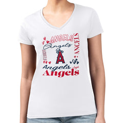 Los Angeles Angels G-III 4Her by Carl Banks Women's Super-Slim Fit Lightweight Collage Team Graphic V-Neck T-Shirt White