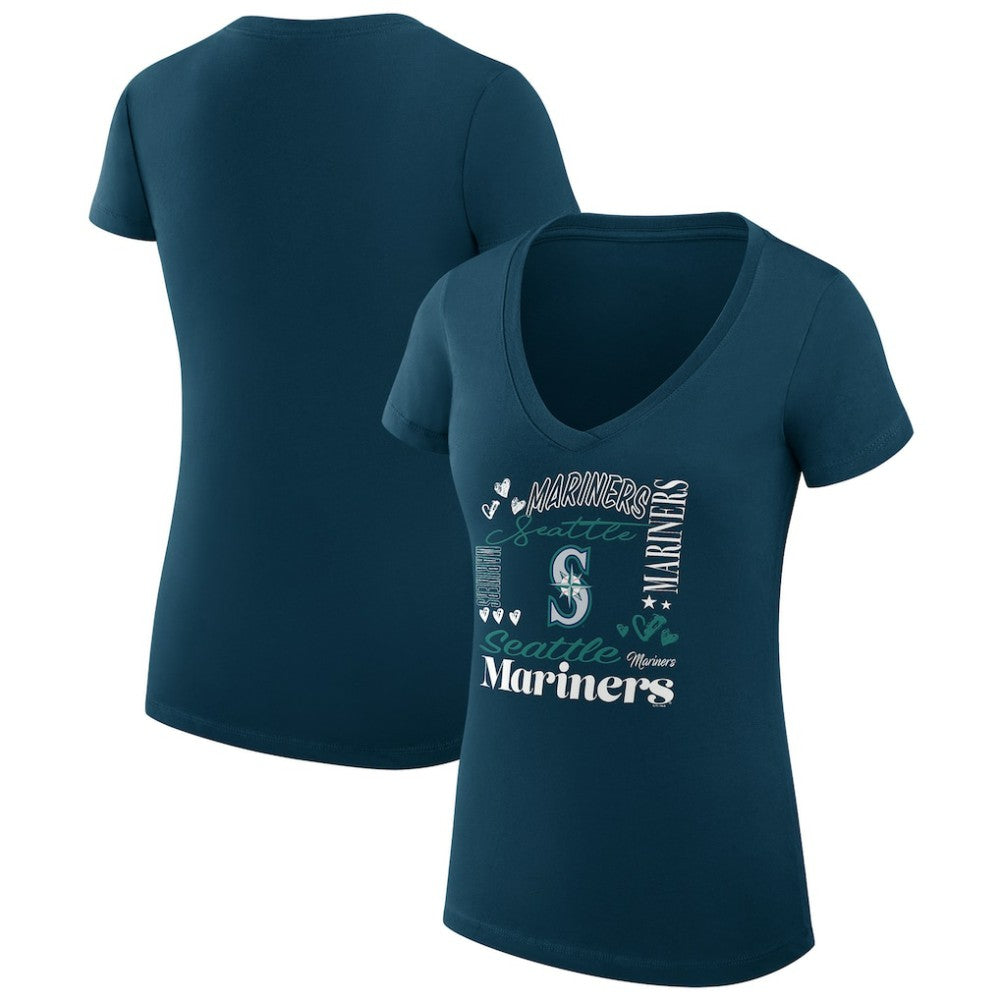 Seattle Mariners G-III 4Her by Carl Banks Women's Super-Slim Fit Lightweight Collage Team Graphic V-Neck T-Shirt Navy