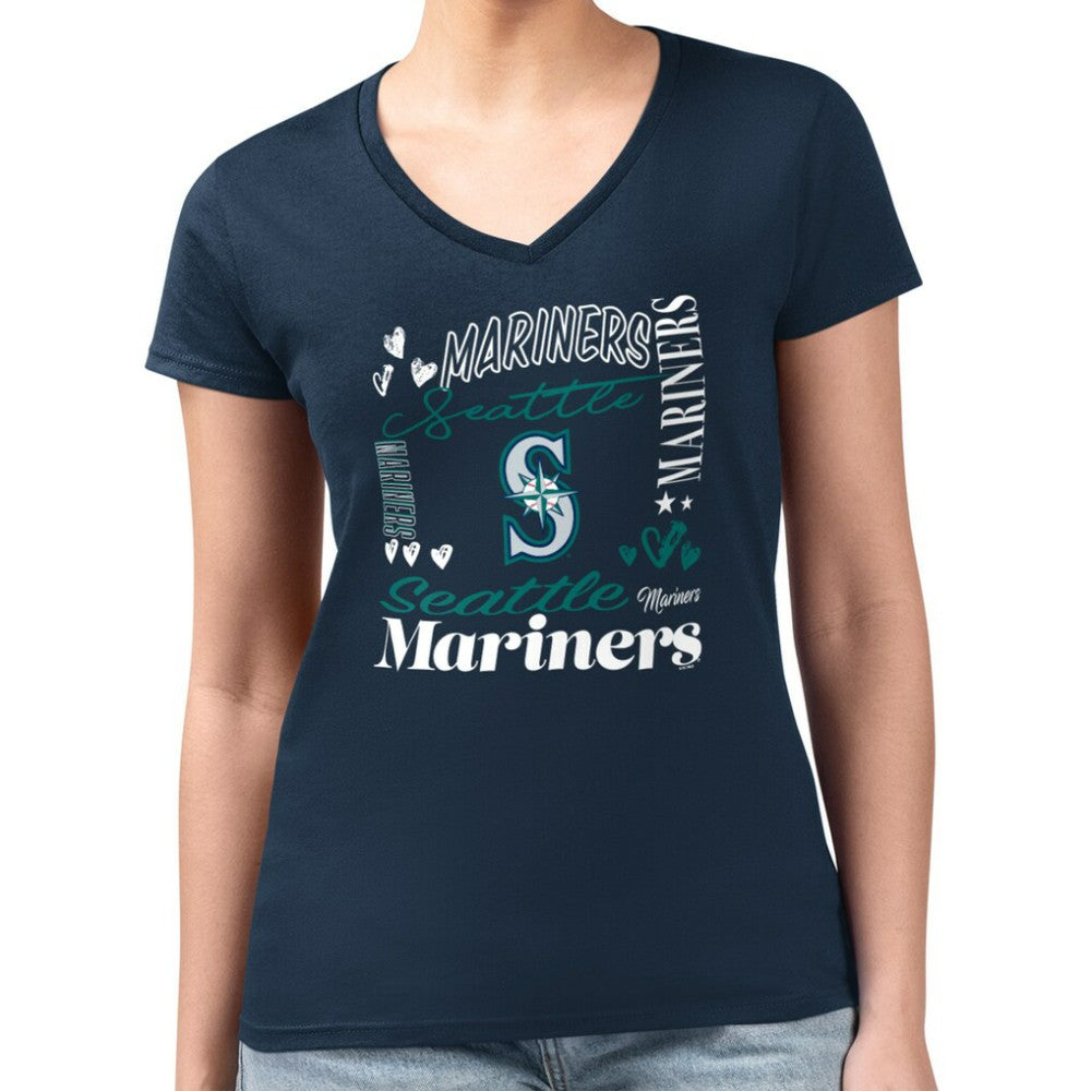 Seattle Mariners G-III 4Her by Carl Banks Women's Super-Slim Fit Lightweight Collage Team Graphic V-Neck T-Shirt Navy