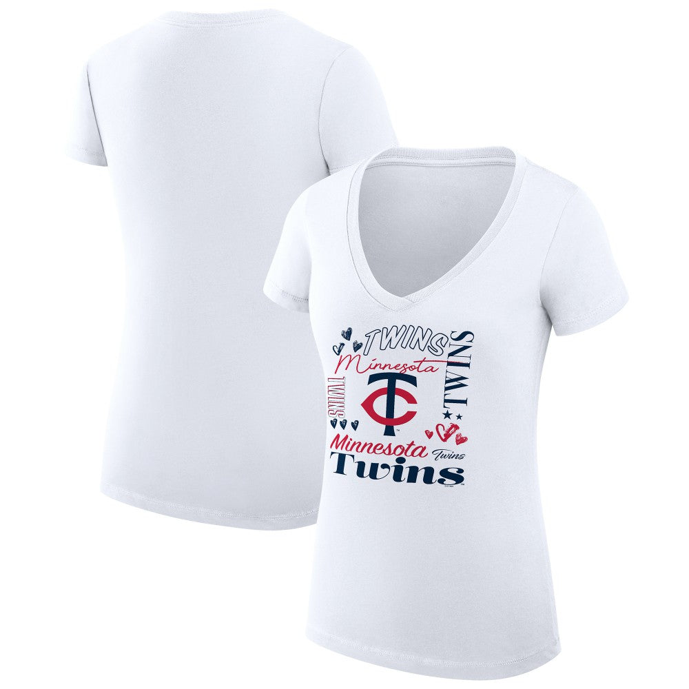 Minnesota Twins G-III 4Her by Carl Banks Women's Super-Slim Fit Lightweight Collage Team Graphic V-Neck T-Shirt White