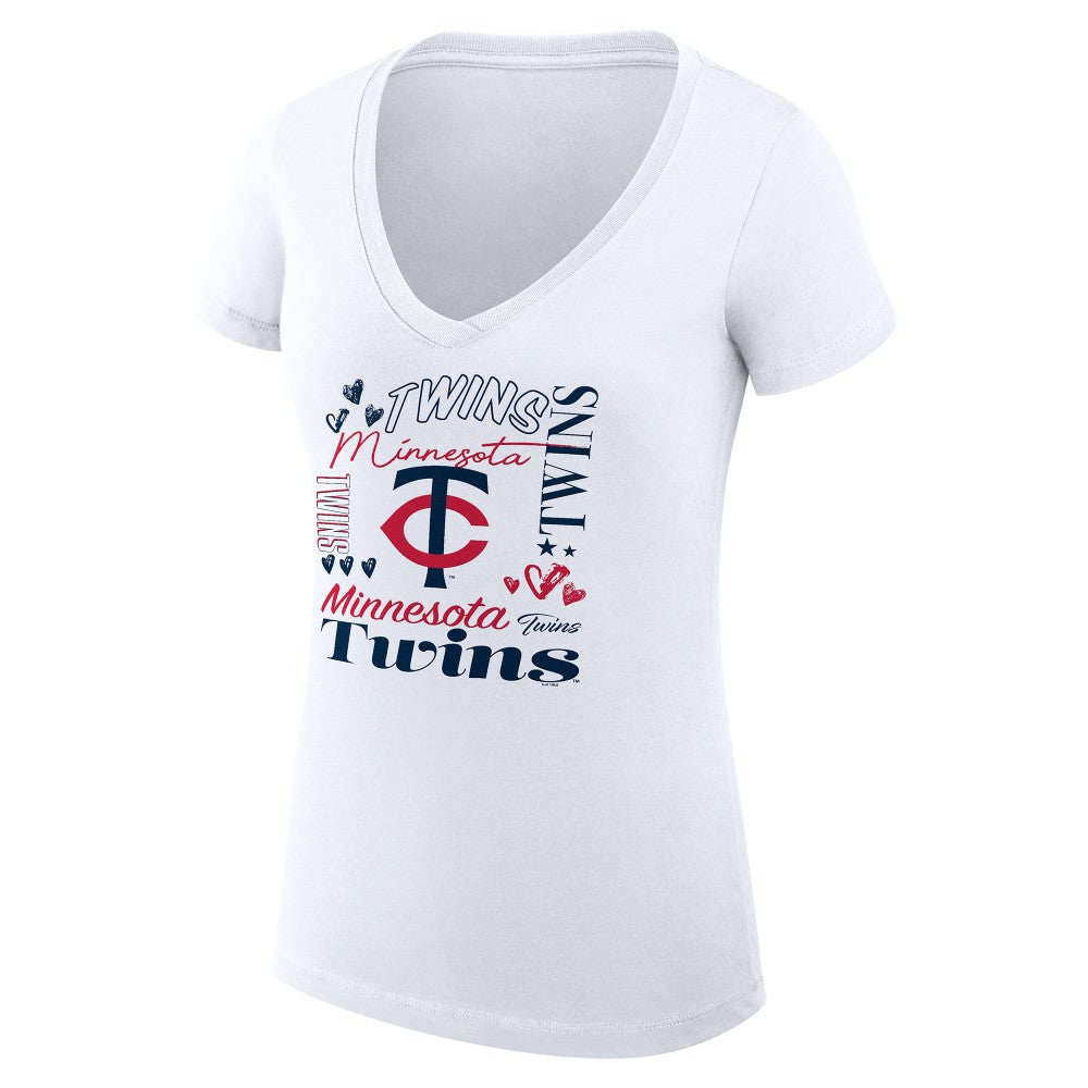 Minnesota Twins G-III 4Her by Carl Banks Women's Super-Slim Fit Lightweight Collage Team Graphic V-Neck T-Shirt White