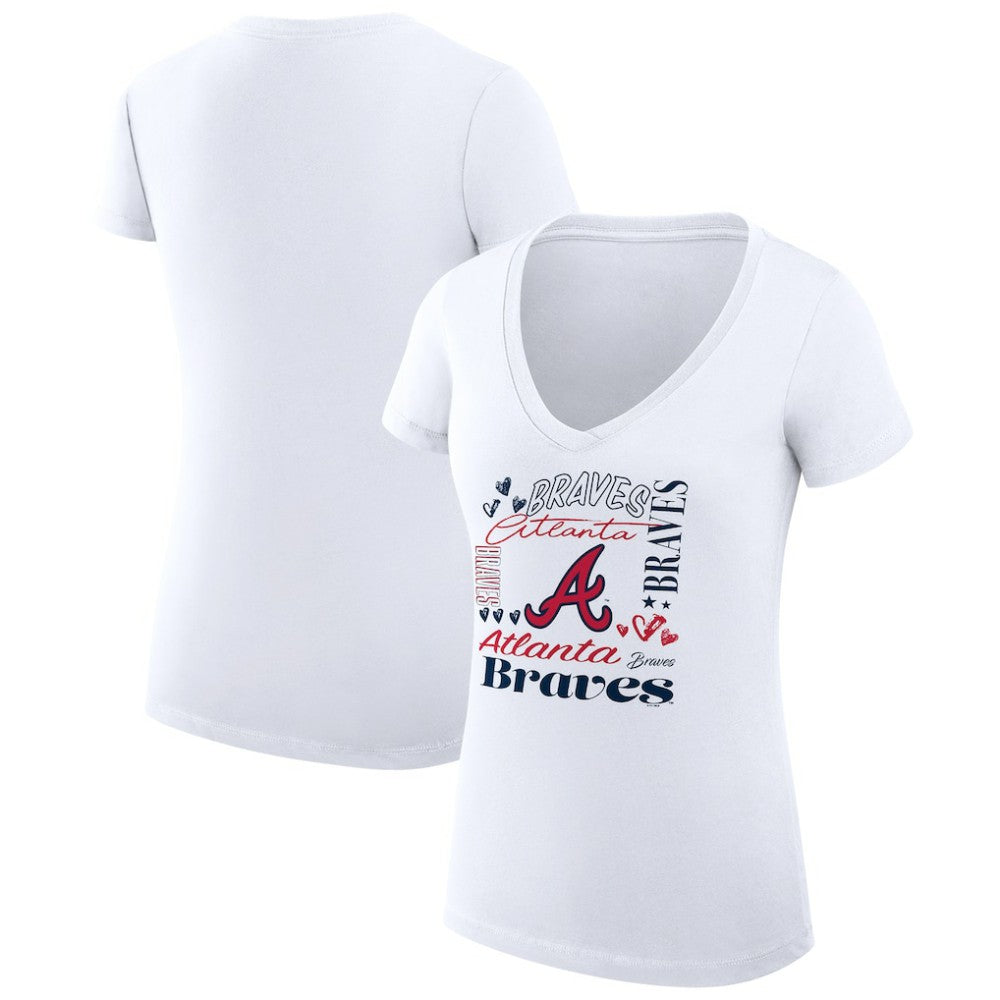 Atlanta Braves G-III 4Her by Carl Banks Women's Super-Slim Fit Lightweight Collage Team Graphic V-Neck T-Shirt White