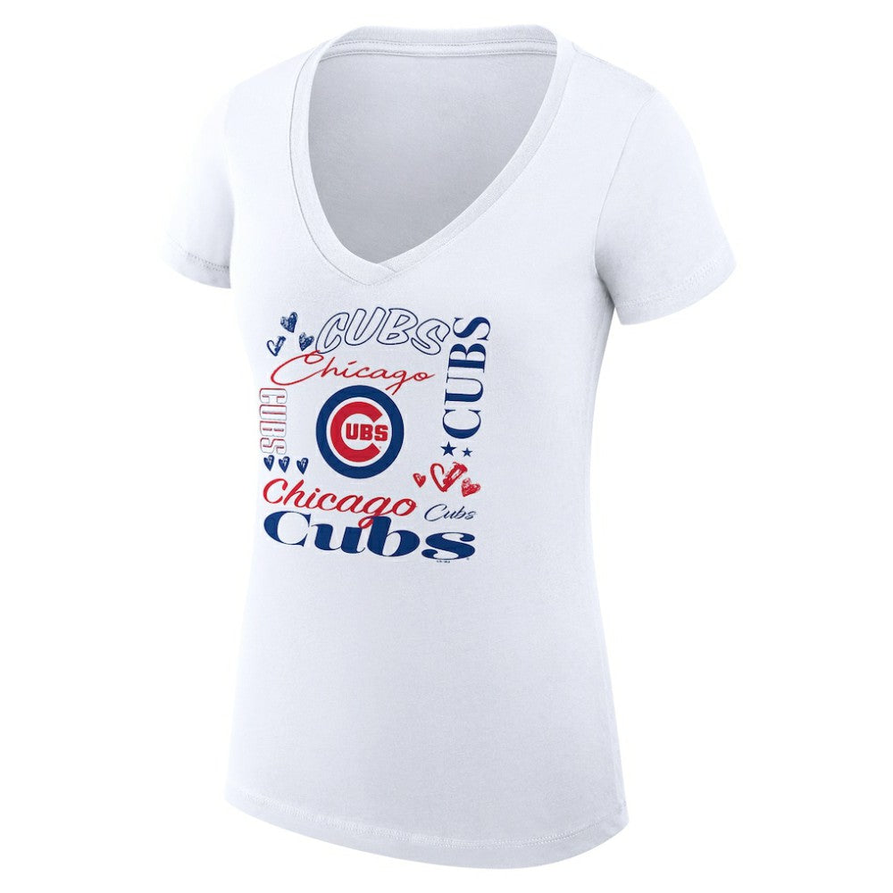 Chicago Cubs G-III 4Her by Carl Banks Women's Super-Slim Fit Lightweight Collage Team Graphic V-Neck T-Shirt White