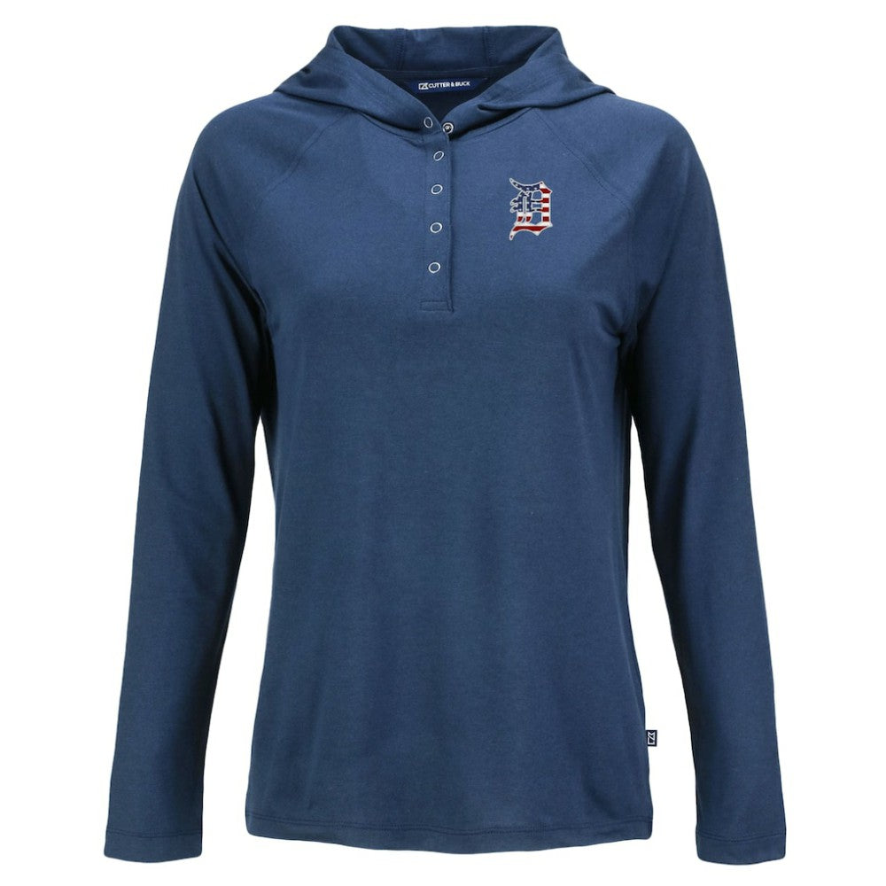 Detroit Tigers Cutter & Buck Women's Stars And Stripes Coastline Epic Comfort Eco Recycled Hoodie Raglan Long Sleeve T-Shirt Navy