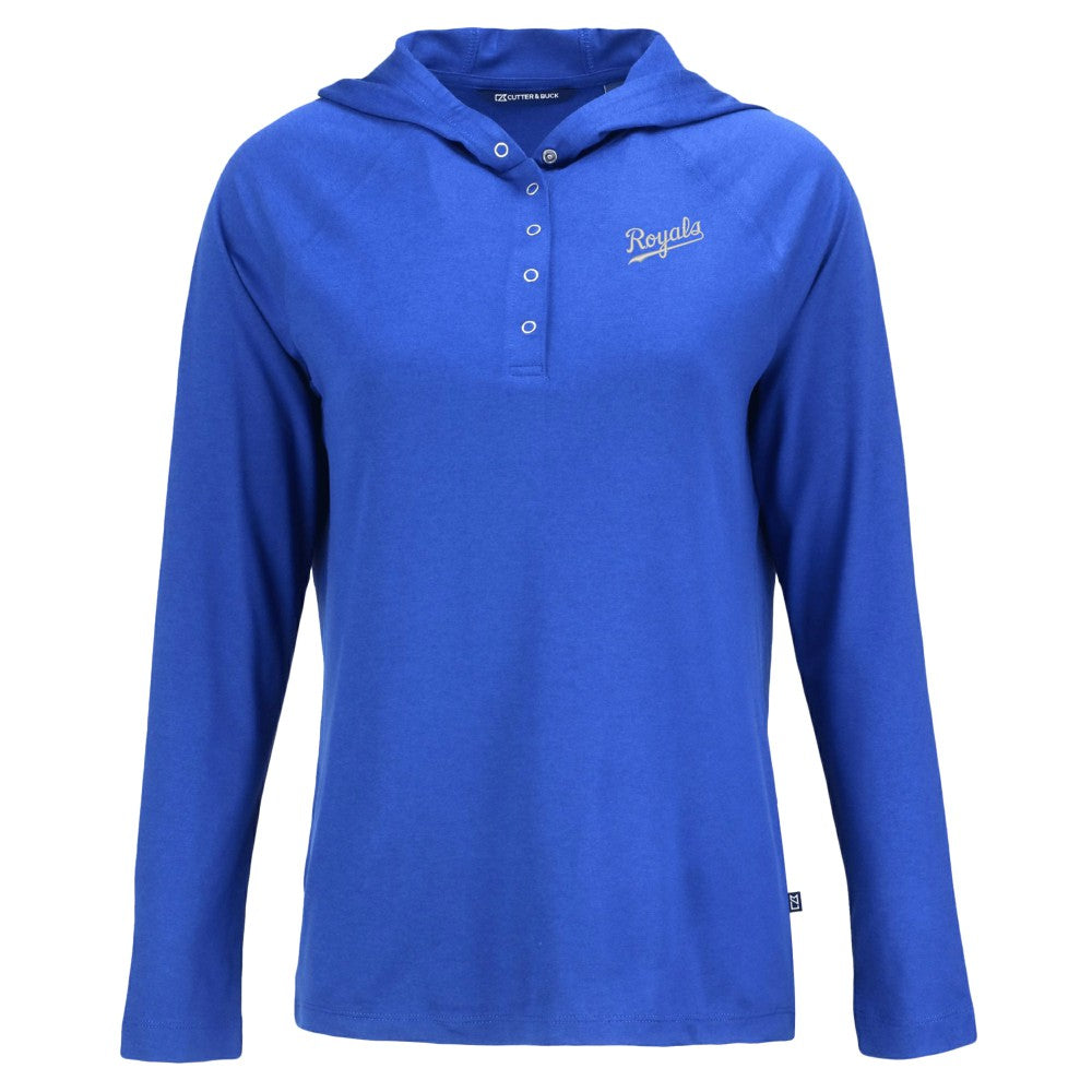 Kansas City Royals Cutter & Buck Women's Cooperstown Collection Coastline Epic Comfort Eco Recycled Hoodie Raglan Long Sleeve T-Shirt Royal