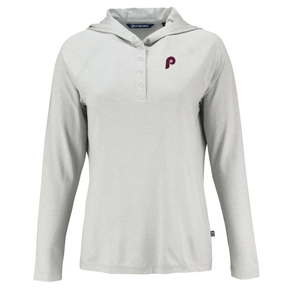 Philadelphia Phillies Cutter & Buck Women's Cooperstown Collection Coastline Epic Comfort Eco Recycled Hoodie Raglan Long Sleeve T-Shirt Gray