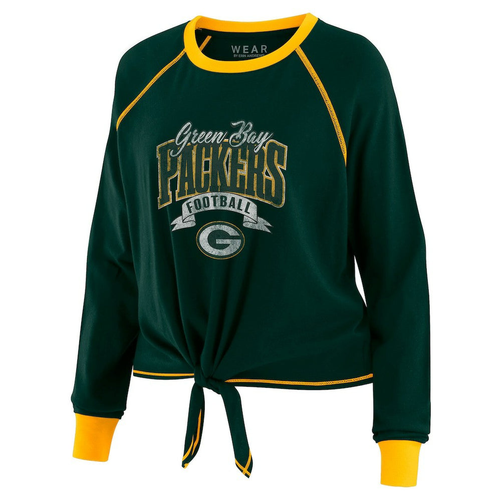 Green Bay Packers WEAR by Erin Andrews Women's Tie-Front Long Sleeve Top - Green/Gold on sale
