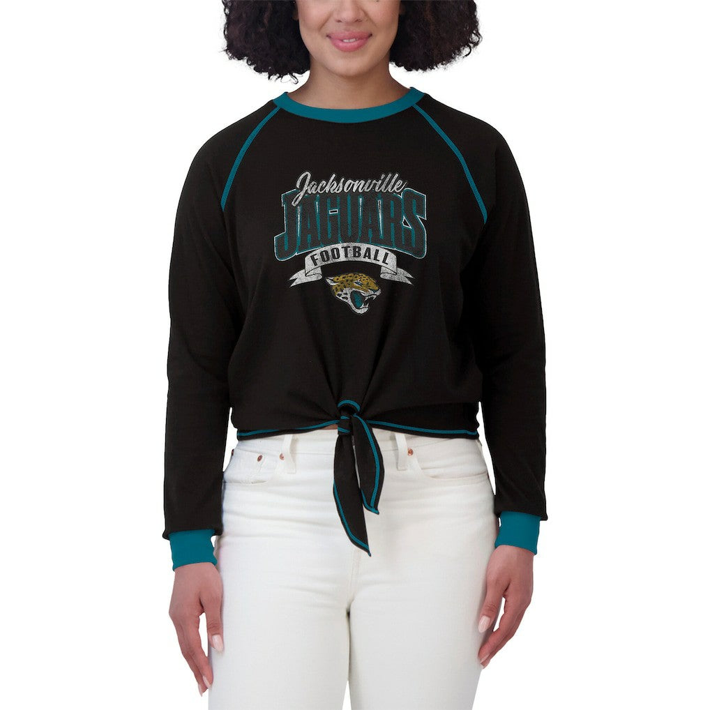 Jacksonville Jaguars WEAR by Erin Andrews Women's Tie-Front Long Sleeve Top - Black/Teal for sale