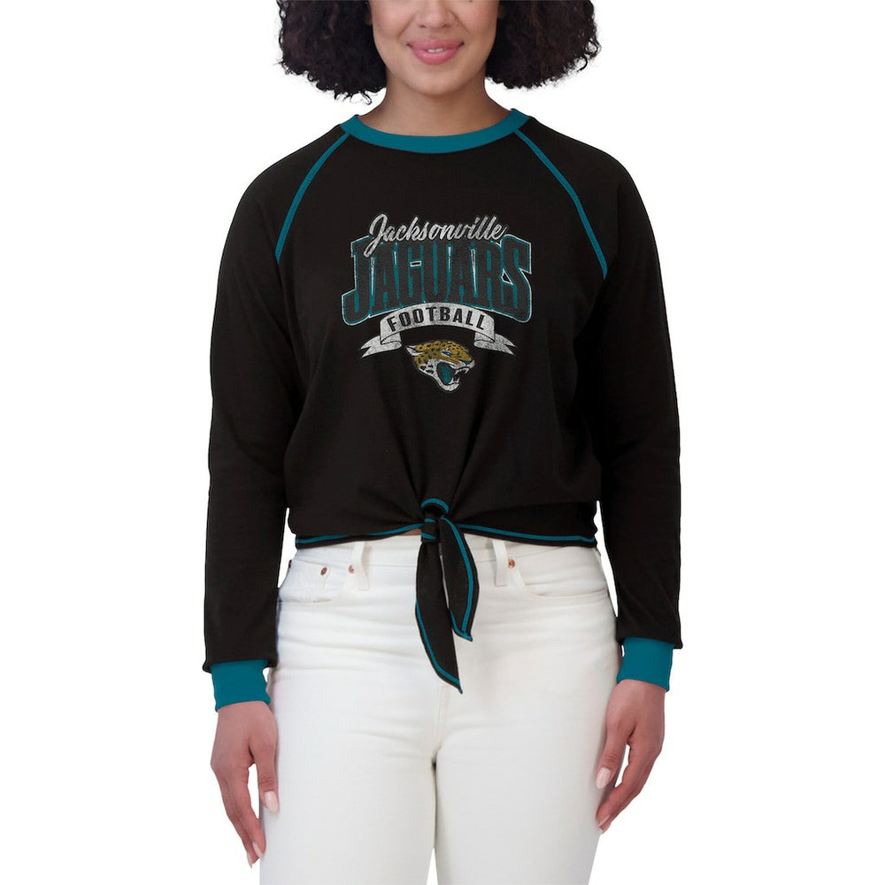 Jacksonville Jaguars WEAR by Erin Andrews Women's Tie-Front Long Sleeve Top - Black/Teal for sale