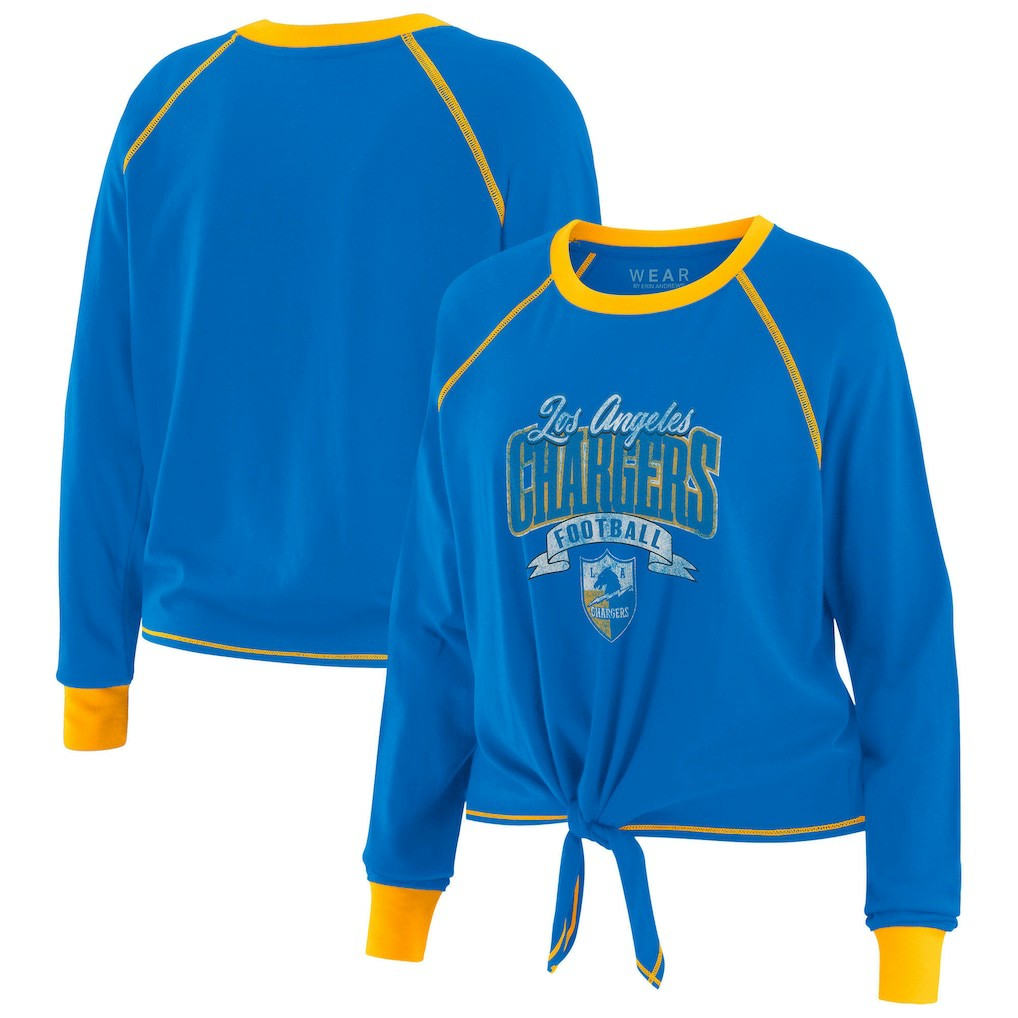 Los Angeles Chargers WEAR by Erin Andrews Women's Tie-Front Long Sleeve Top - Powder Blue/Yellow cheap