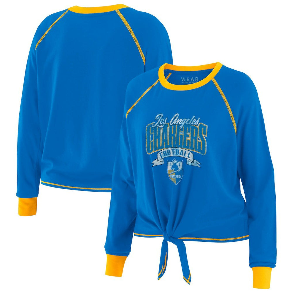 Los Angeles Chargers WEAR by Erin Andrews Women's Tie-Front Long Sleeve Top - Powder Blue/Yellow cheap