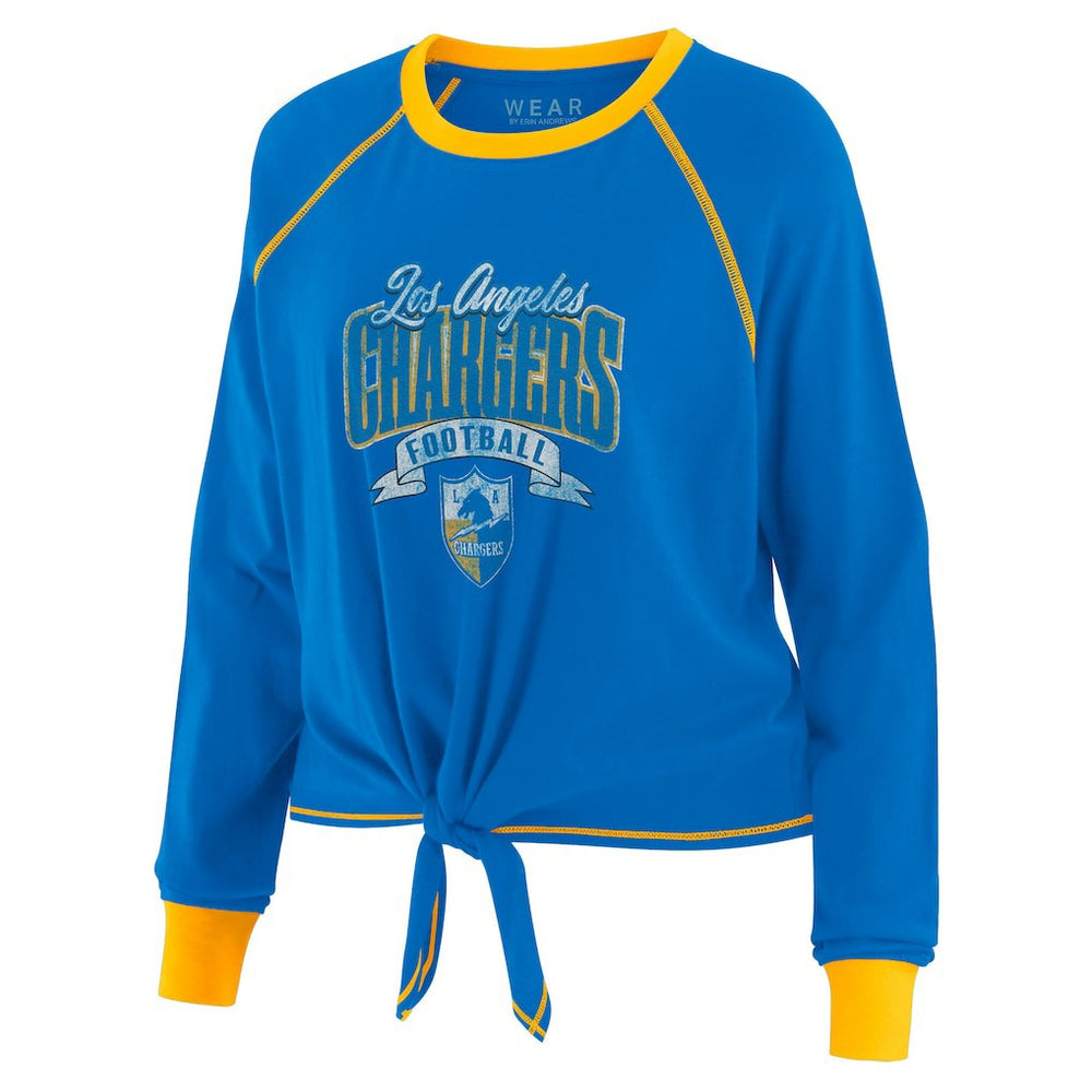 Los Angeles Chargers WEAR by Erin Andrews Women's Tie-Front Long Sleeve Top - Powder Blue/Yellow cheap