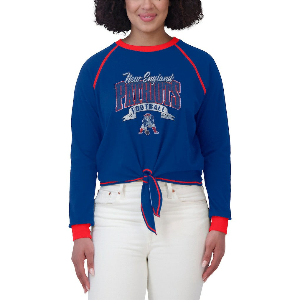 New England Patriots WEAR by Erin Andrews Women's Tie-Front Long Sleeve Top - Royal/Red on sale