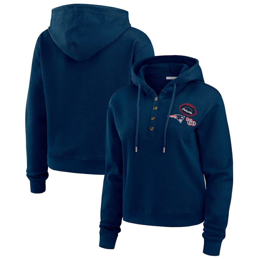 New England Patriots WEAR by Erin Andrews Women's Waffle Hoodie Pullover Top - Navy on sale