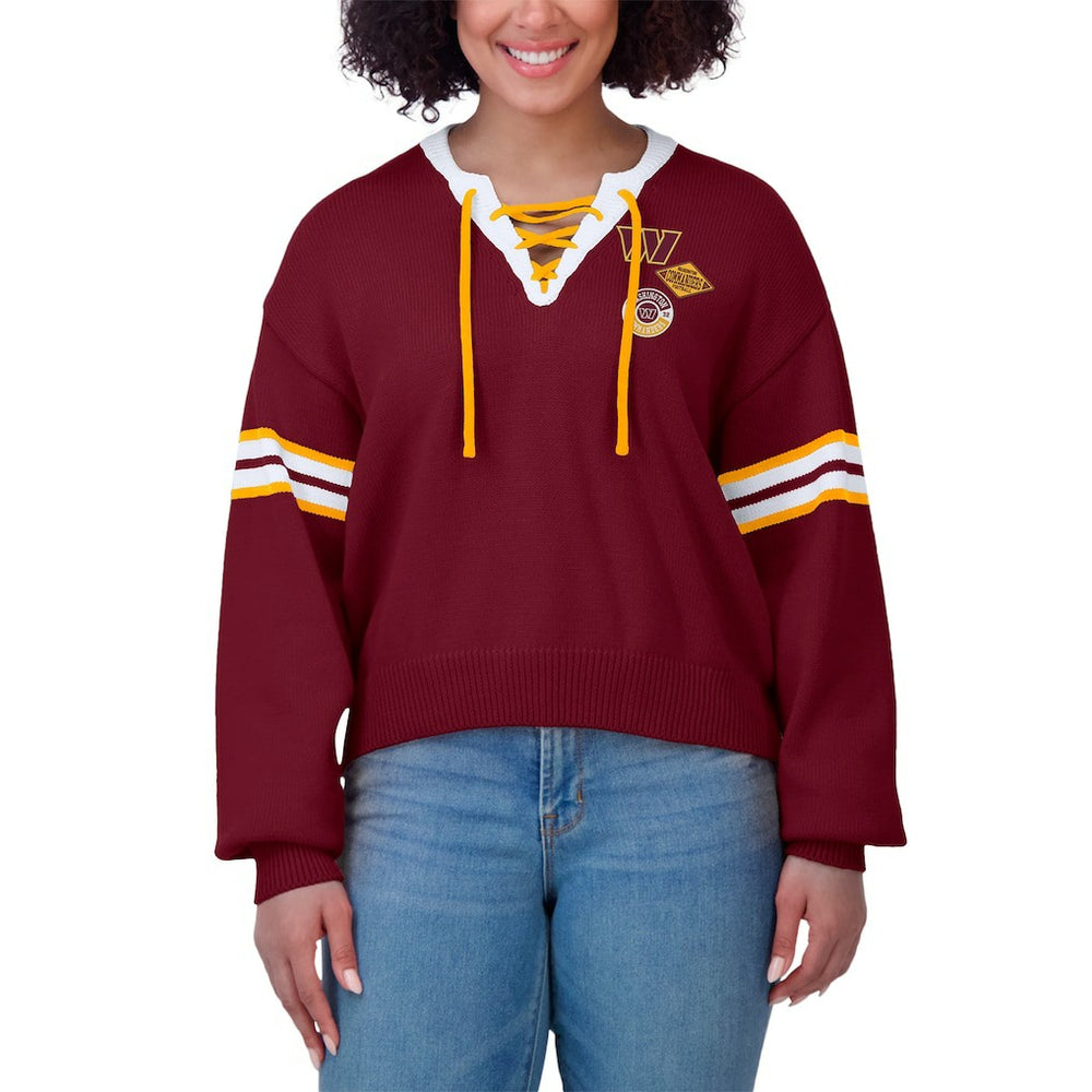 Washington Commanders WEAR by Erin Andrews Women's Lace-Up Pullover Sweatshirt - Burgundy discount