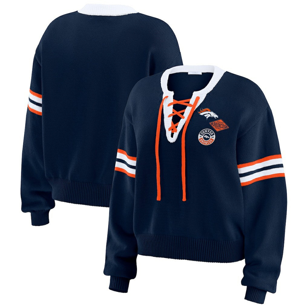 Denver Broncos WEAR by Erin Andrews Women's Lace-Up Pullover Sweatshirt - Navy for sale
