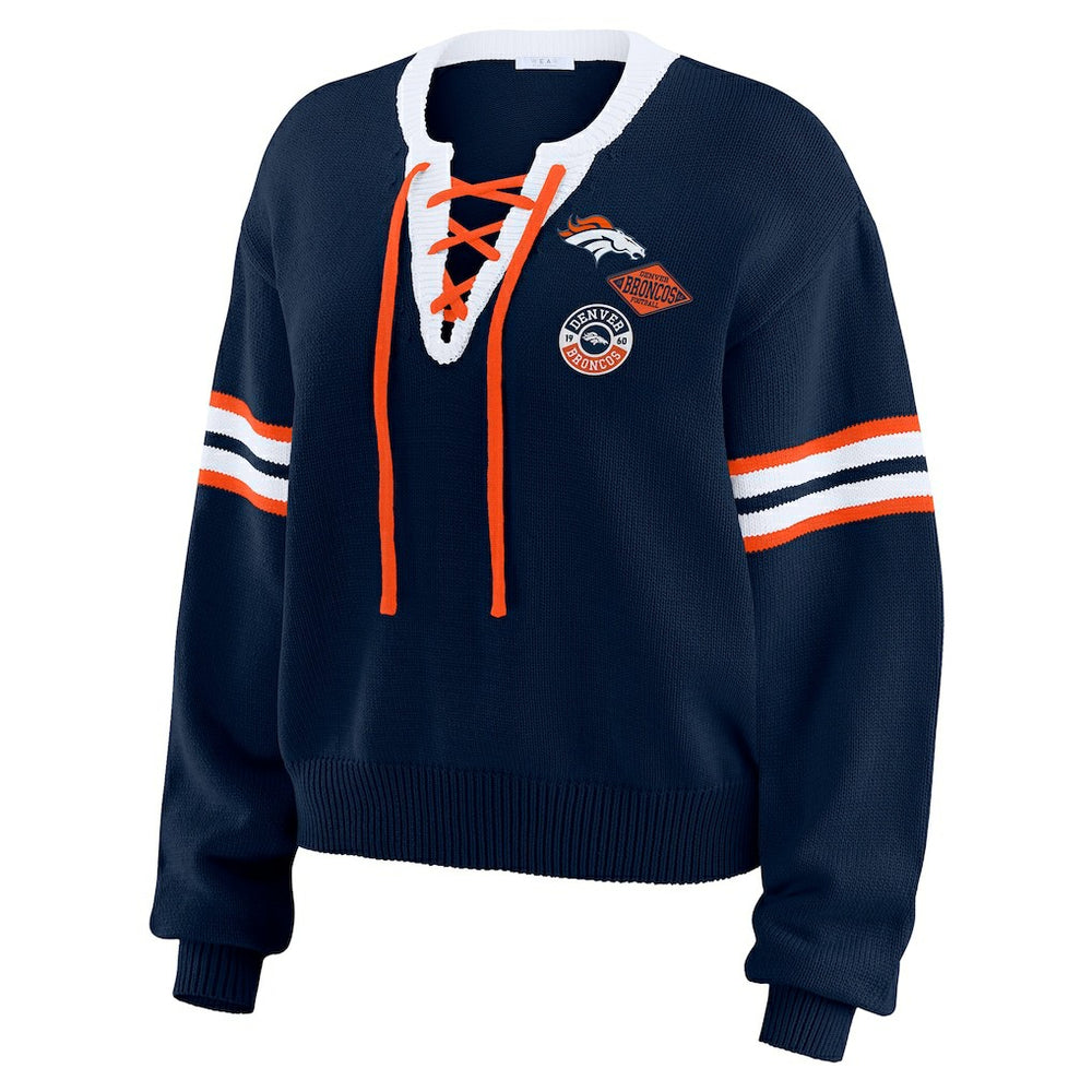 Denver Broncos WEAR by Erin Andrews Women's Lace-Up Pullover Sweatshirt - Navy for sale