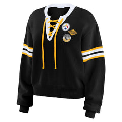 Pittsburgh Steelers WEAR by Erin Andrews Women's Lace-Up Pullover Sweatshirt - Black cheap