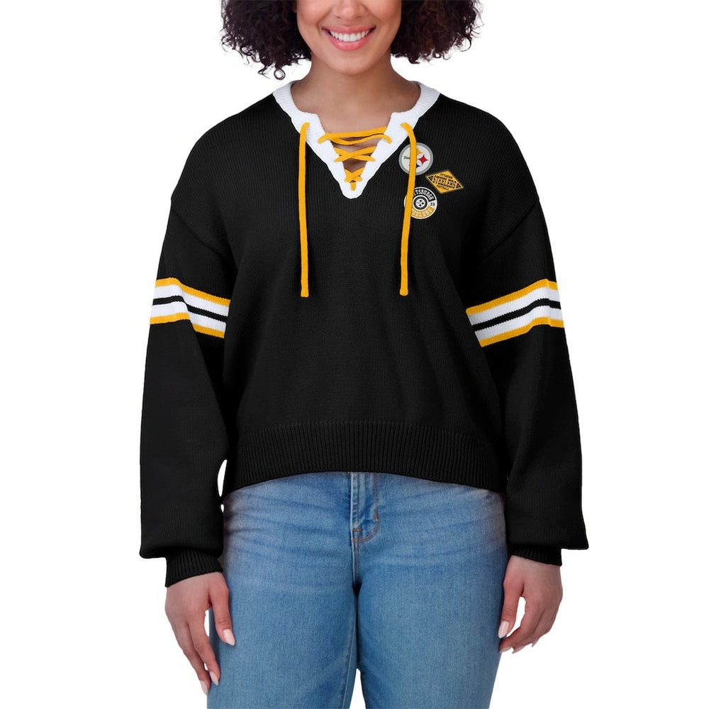 Pittsburgh Steelers WEAR by Erin Andrews Women's Lace-Up Pullover Sweatshirt - Black cheap