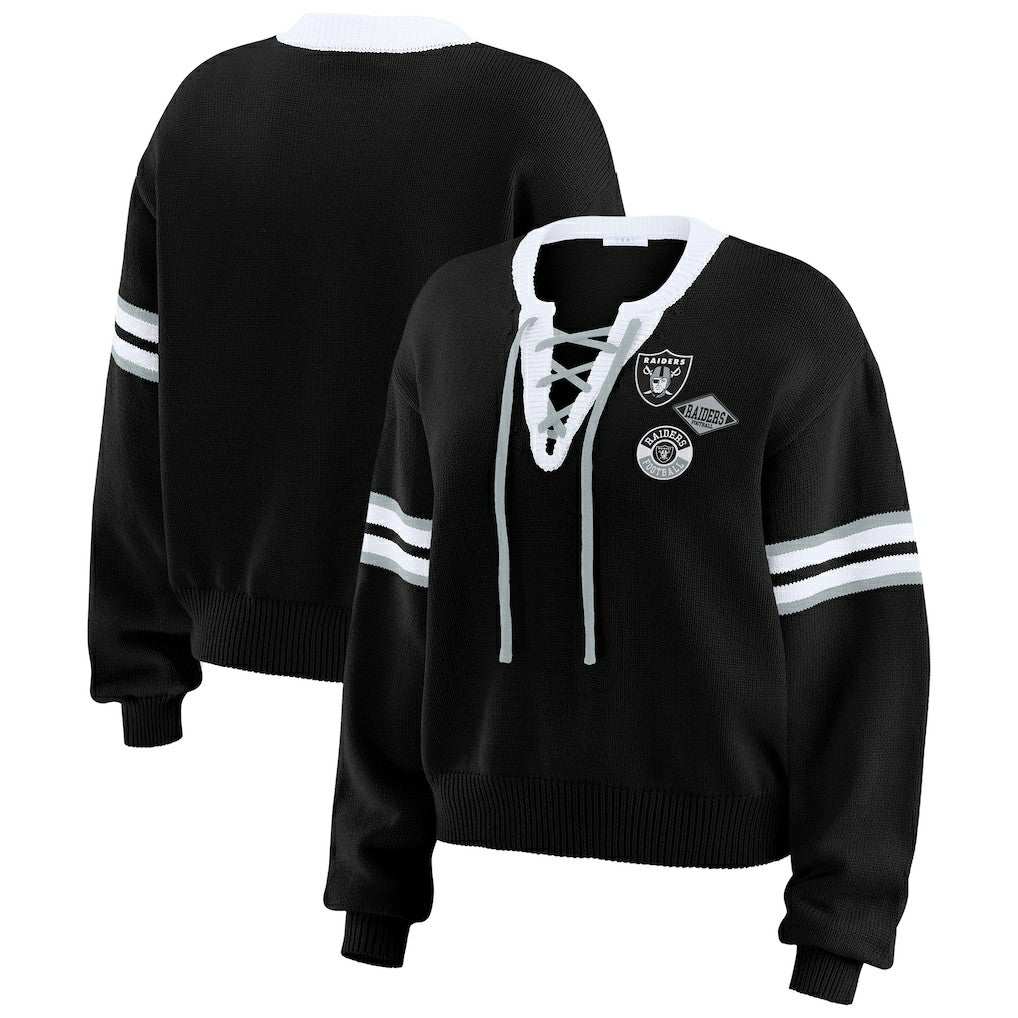 Las Vegas Raiders WEAR by Erin Andrews Women's Lace-Up Pullover Sweatshirt - Black cheap