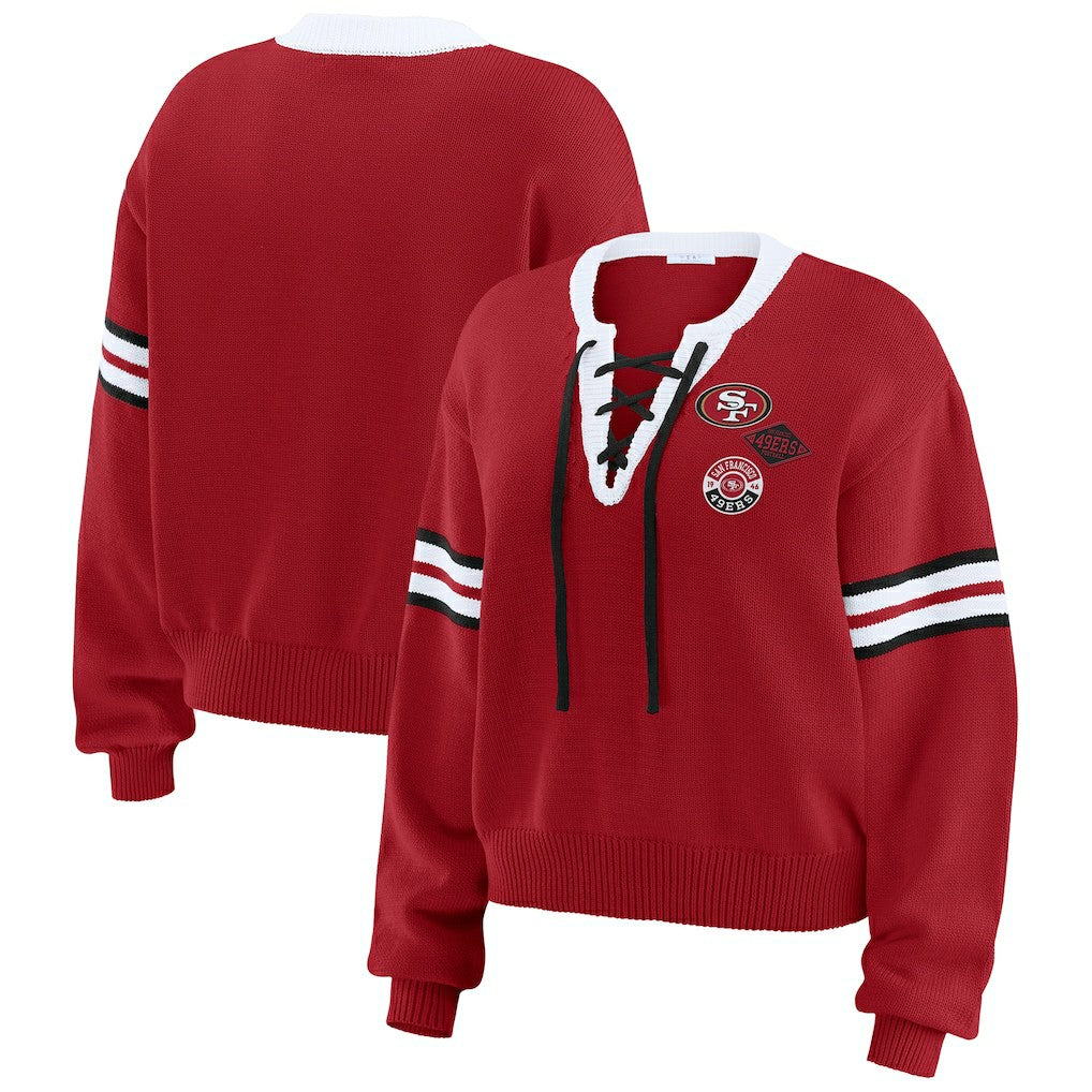 San Francisco 49ers WEAR by Erin Andrews Women's Lace-Up Pullover Sweatshirt - Scarlet on sale