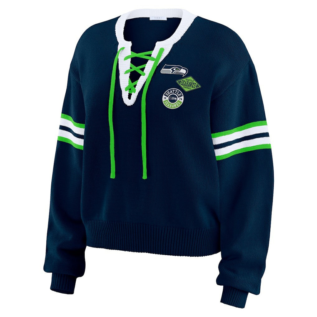 Seattle Seahawks WEAR by Erin Andrews Women's Lace-Up Pullover Sweatshirt - Navy cheap