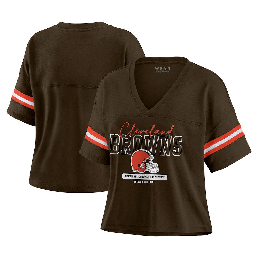 Cleveland Browns WEAR by Erin Andrews Women's Color Block Boxy Modest Crop V-Neck T-Shirt - Brown for sale