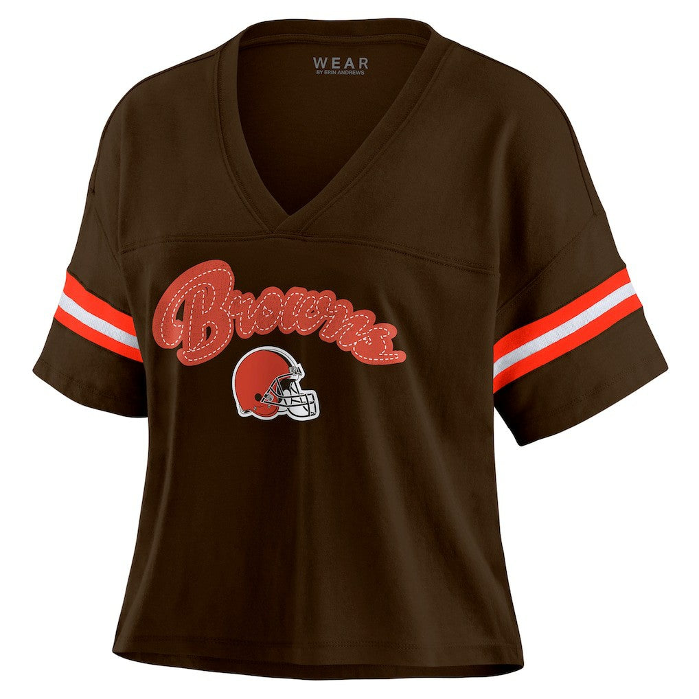 Cleveland Browns WEAR by Erin Andrews Women's Color Block Boxy Modest Crop V-Neck T-Shirt - Brown for sale