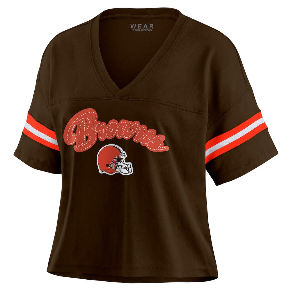 Cleveland Browns WEAR by Erin Andrews Women's Color Block Boxy Modest Crop V-Neck T-Shirt - Brown for sale