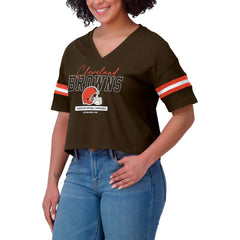 Cleveland Browns WEAR by Erin Andrews Women's Color Block Boxy Modest Crop V-Neck T-Shirt - Brown for sale