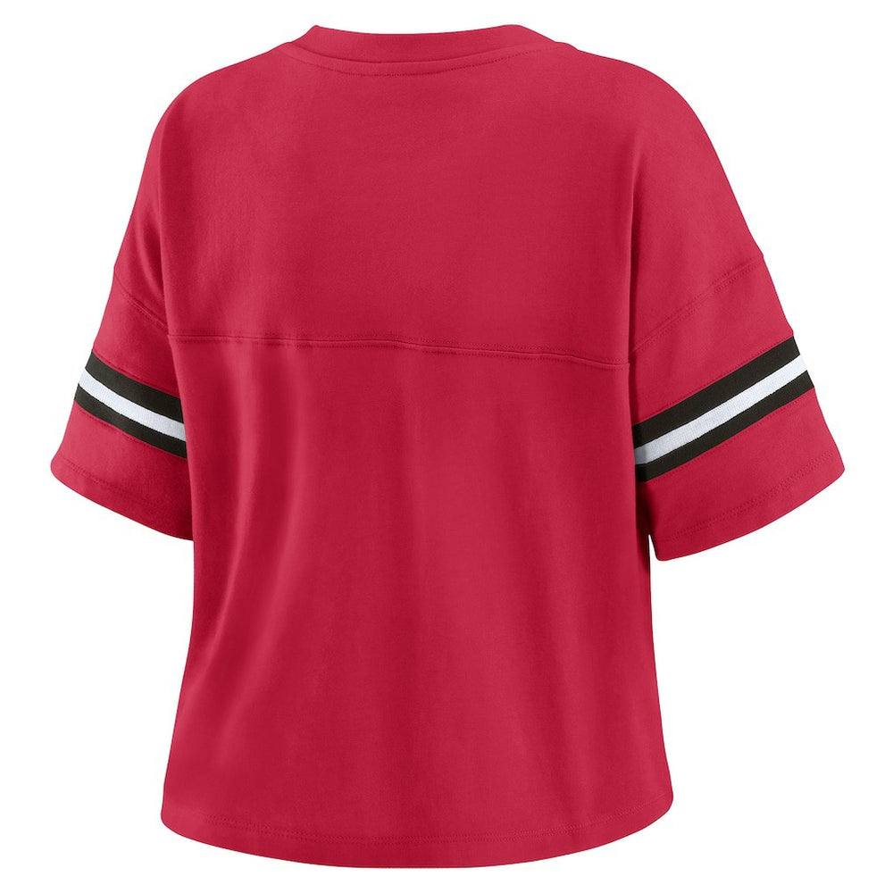 Arizona Cardinals WEAR by Erin Andrews Women's Color Block Boxy Modest Crop V-Neck T-Shirt - Cardinal cheap