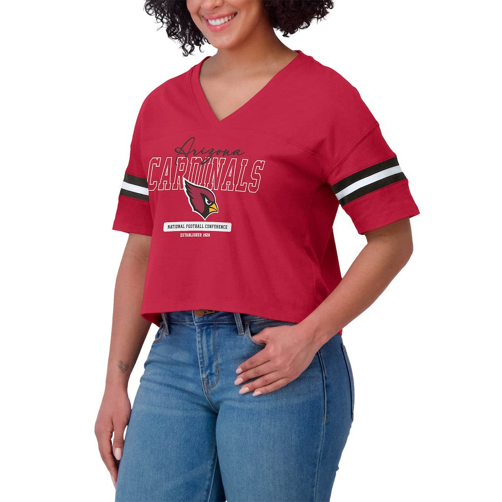 Arizona Cardinals WEAR by Erin Andrews Women's Color Block Boxy Modest Crop V-Neck T-Shirt - Cardinal cheap