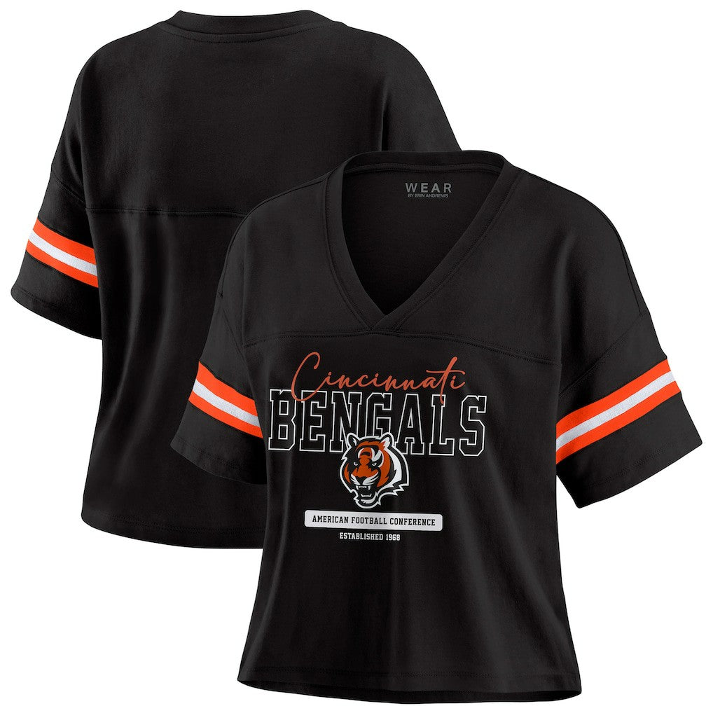 Cincinnati Bengals WEAR by Erin Andrews Women's Color Block Boxy Modest Crop V-Neck T-Shirt - Black for sale