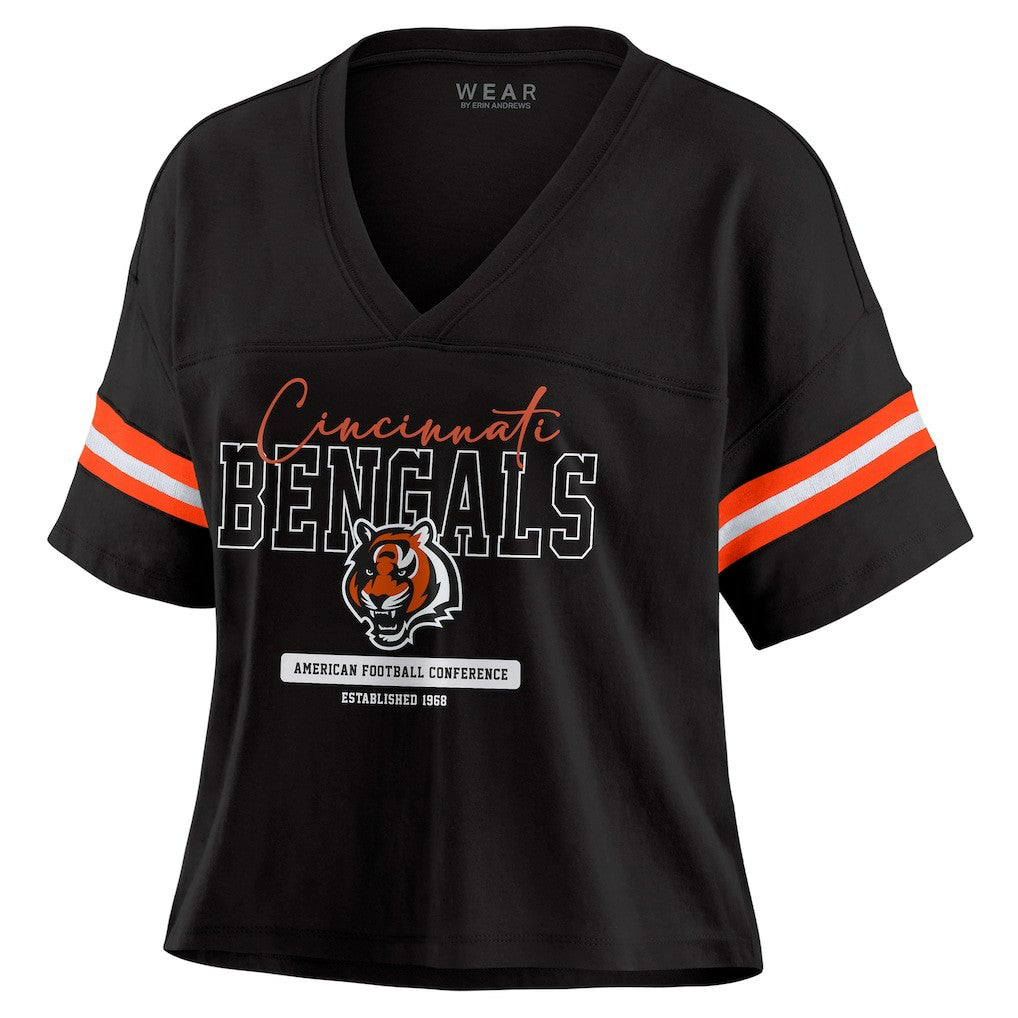 Cincinnati Bengals WEAR by Erin Andrews Women's Color Block Boxy Modest Crop V-Neck T-Shirt - Black for sale